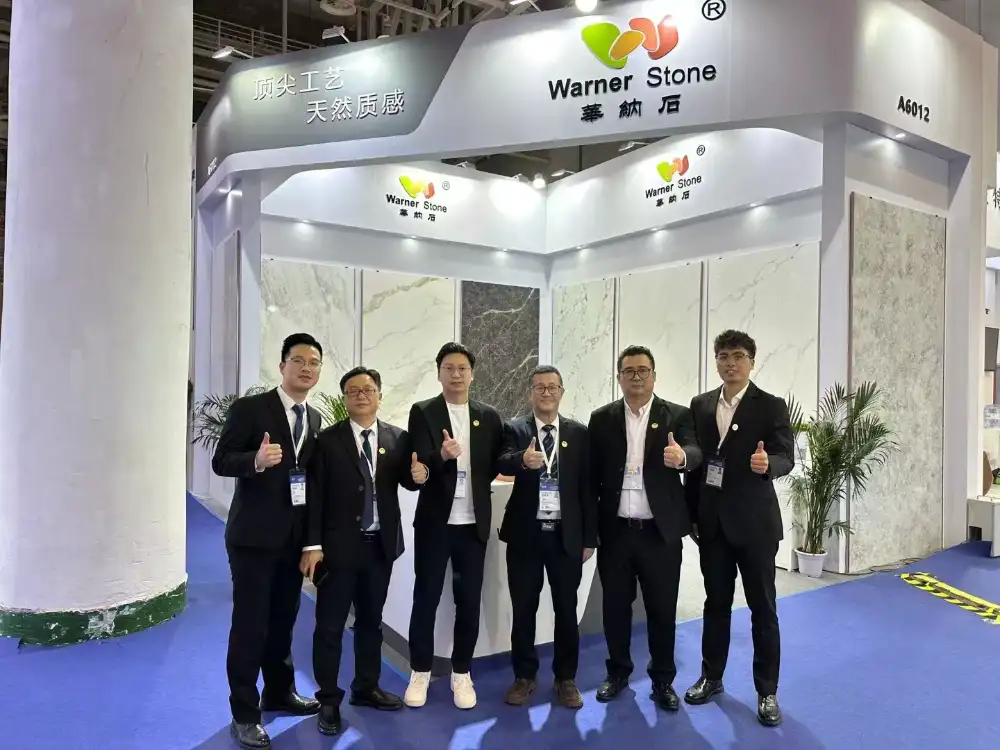 Luxury bookmatched quartz slabs showcased at international expo booth
