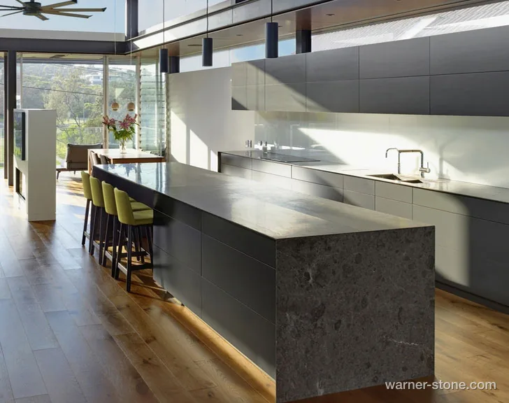 Charcoal Grey Waterfall Edge Quartz Island Countertop Installation