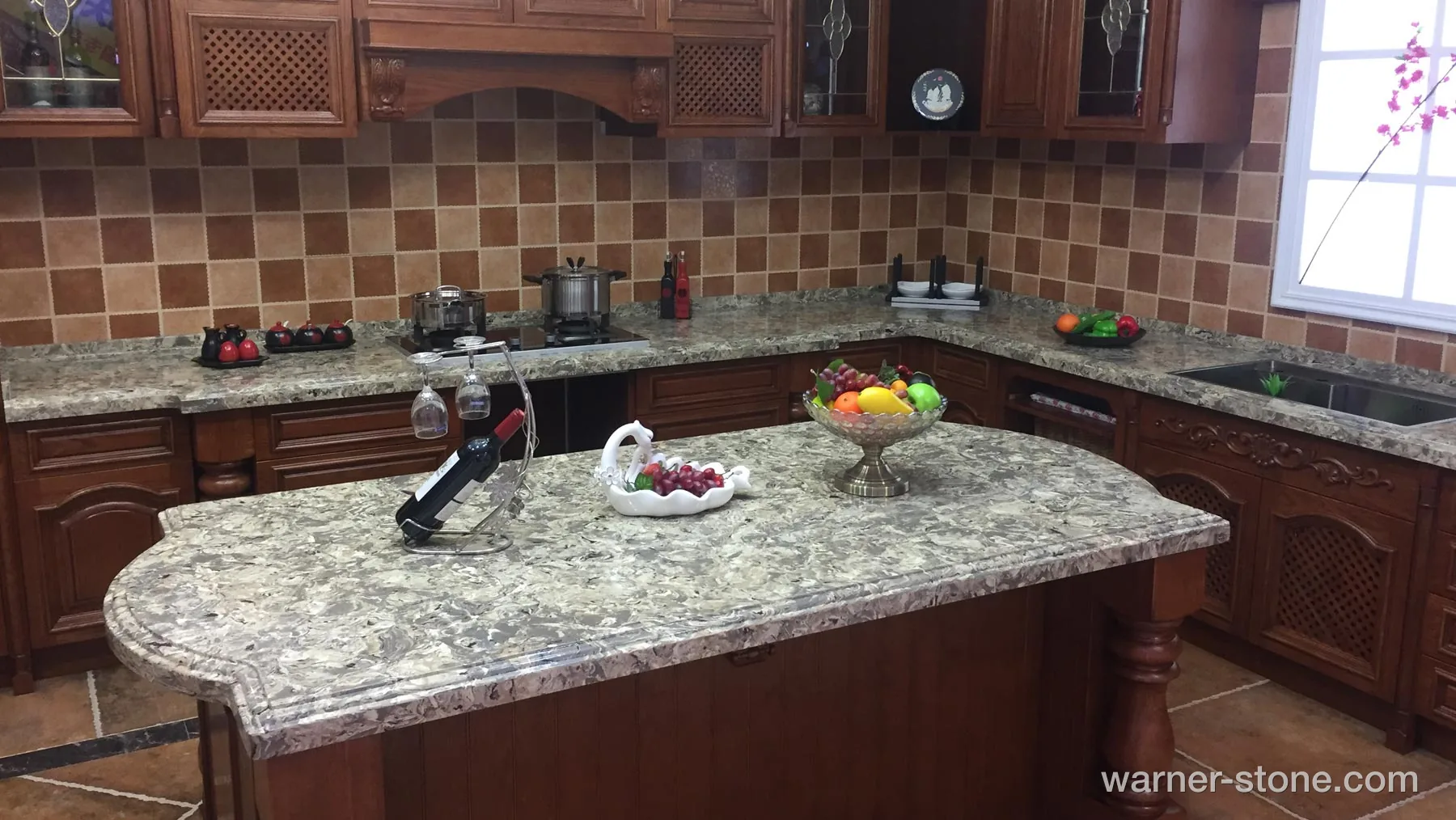 Full Panoramic View of Classic Solid Wood Kitchen with Engineered Quartz Countertops