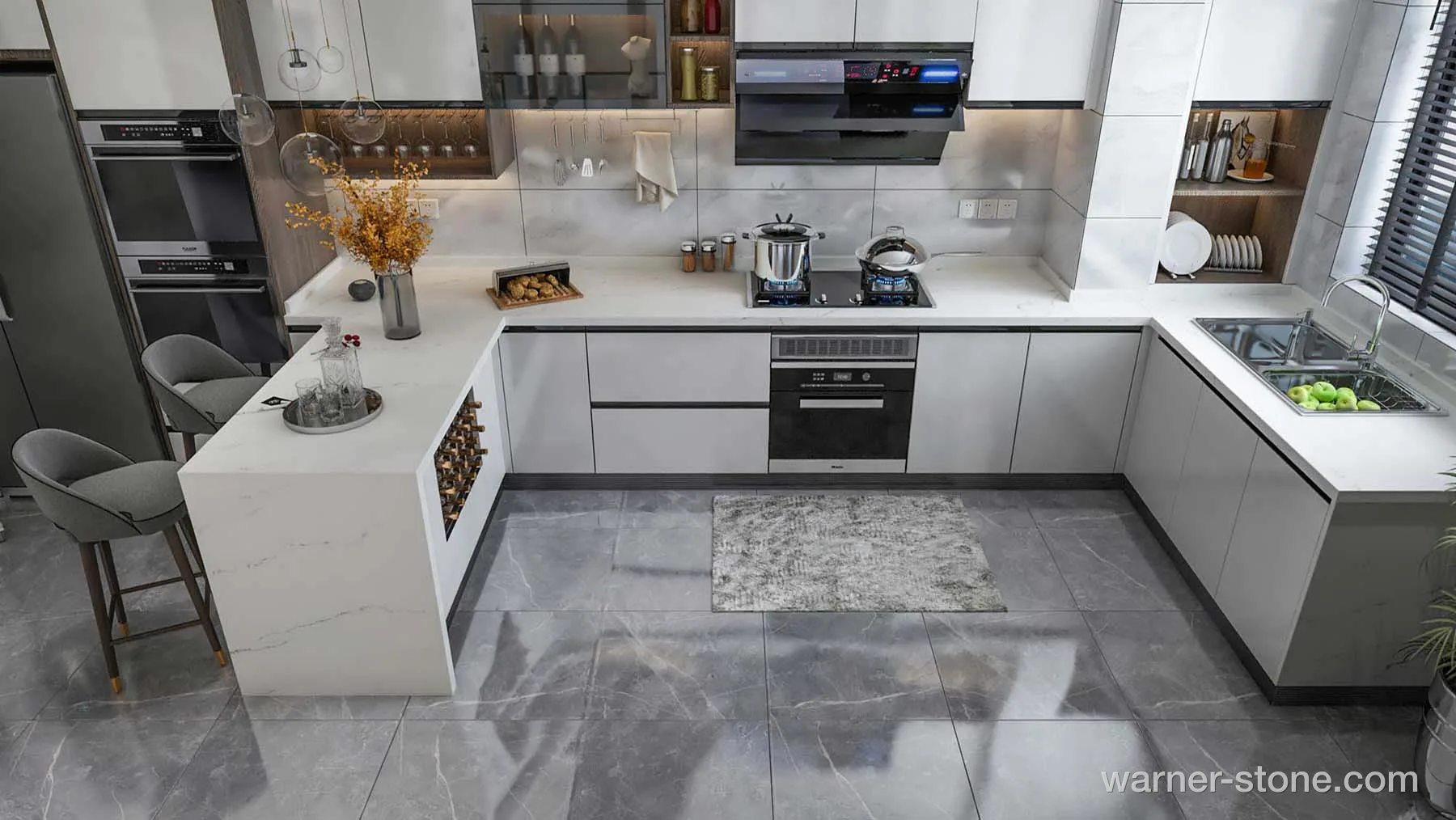 Contemporary U-Shaped Kitchen with Seamless Calacatta Quartz Countertop