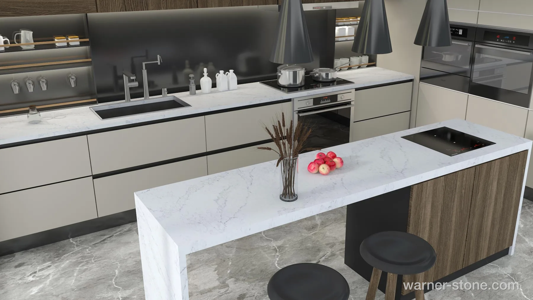 Luxury Modern Kitchen with Calacatta Quartz Waterfall Edge Island and Countertop