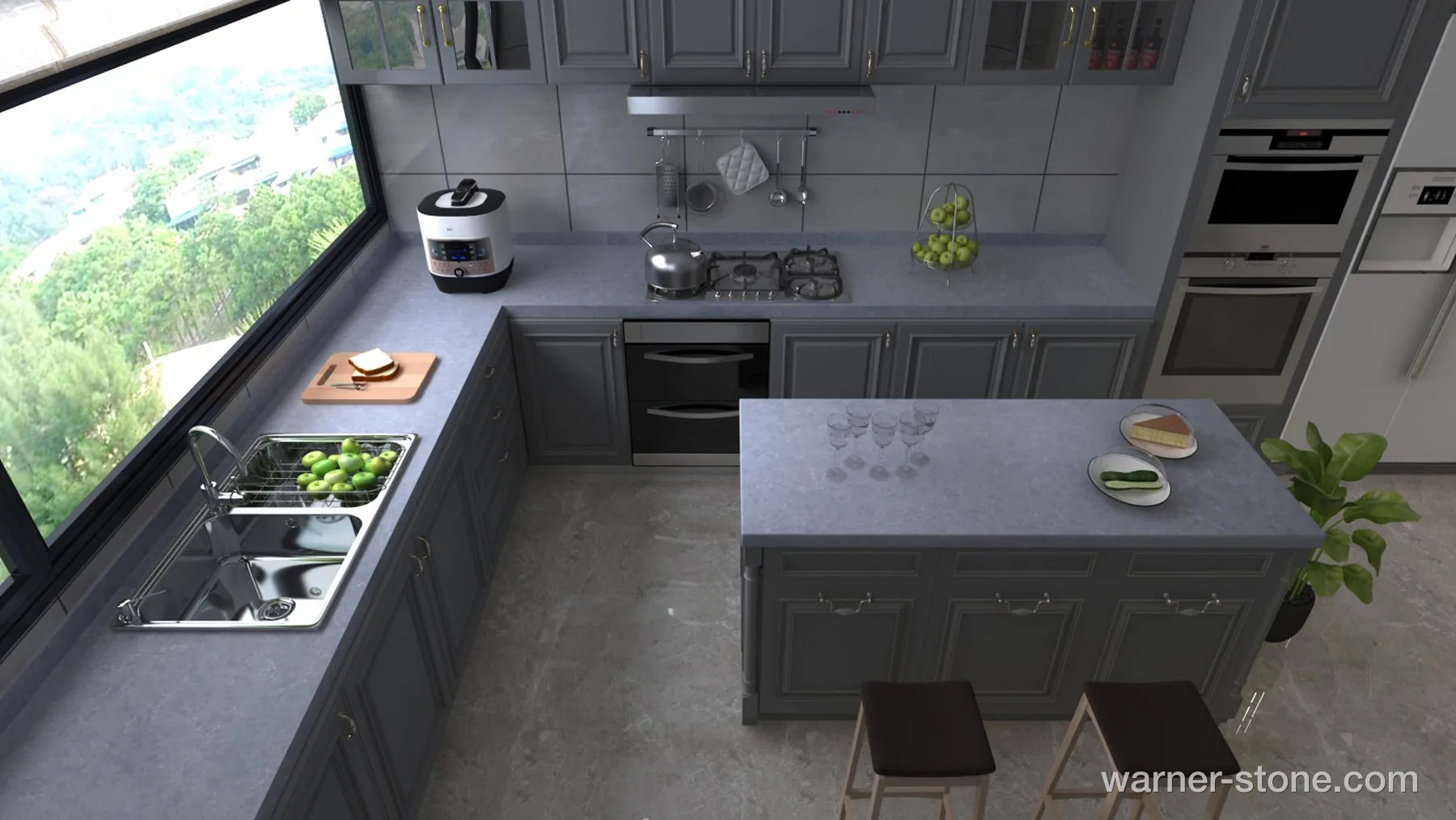 Modern Scenic Kitchen with Elegant Grey Quartz Island and Perimeter Countertop