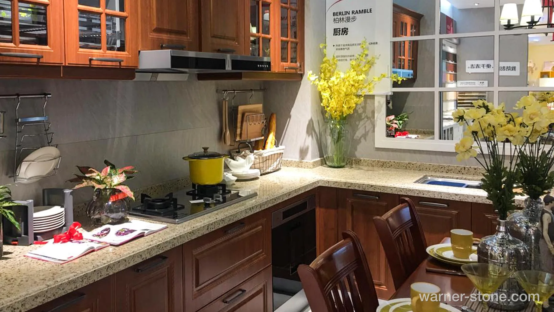 Classic American Wood Kitchen with Warm Beige Quartz Countertop Installation