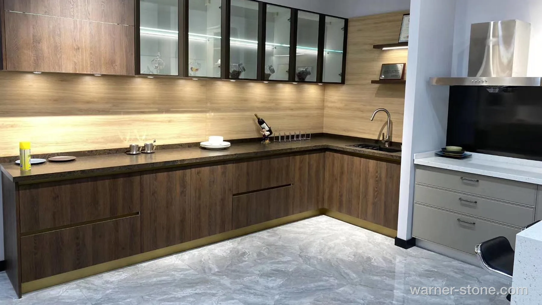 Modern Walnut Cabinetry Featuring Deep Brown Quartz Countertop Surface