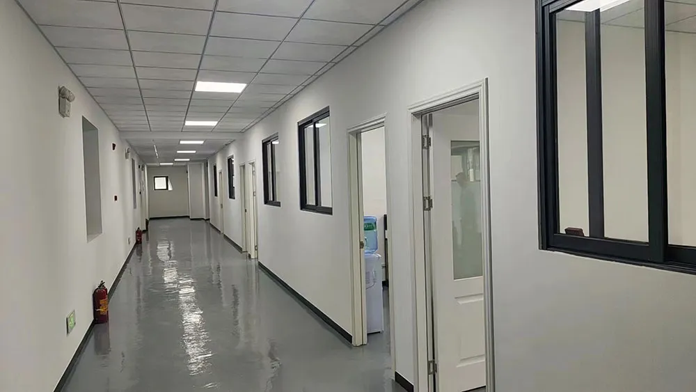 Modern engineering and administration corridor on second floor of fabrication center