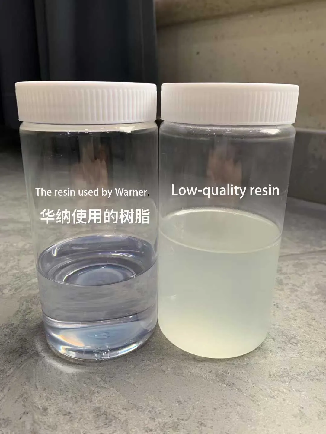 Purity contrast between Warner high-clarity resin and low-grade murky resin