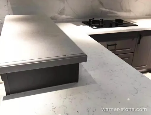 Laminated edge profile and mitered joint craftsmanship on quartz countertop