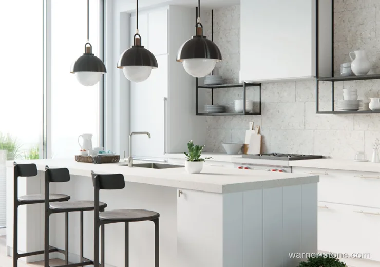 Modern Scandinavian kitchen with thick white quartz breakfast bar