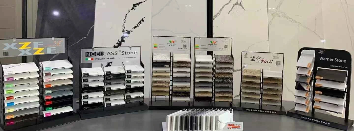 Warner Stone factory showroom color displays and quartz slab racks