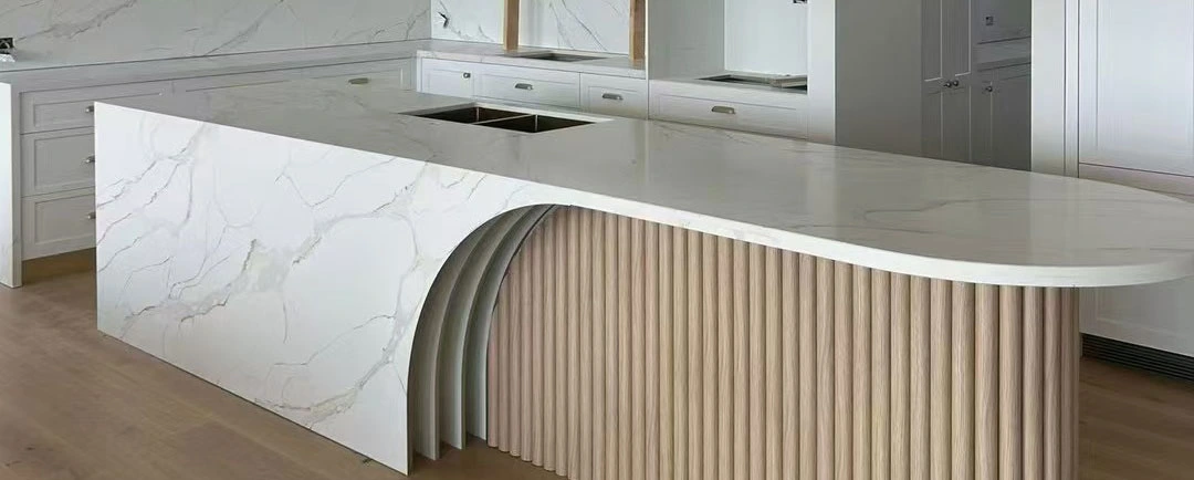 Warner Stone Curved Calacatta Quartz Waterfall Kitchen Island