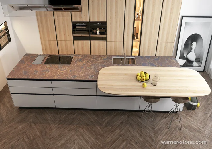 Italian modern kitchen island featuring leathered quartz top and cantilevered wooden dining table
